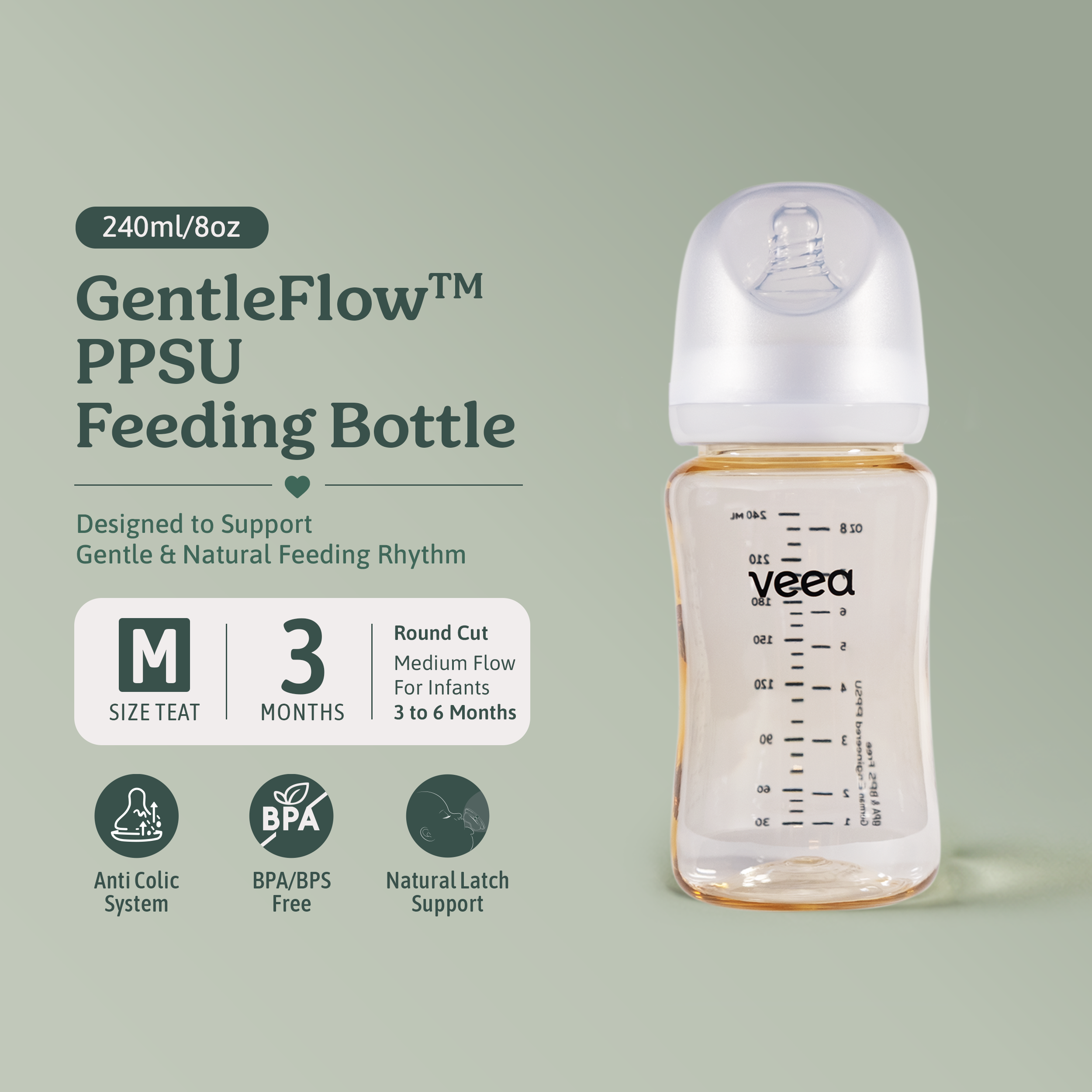 Veea GentleFlow™ 240ml/8oz Feeding Bottle PPSU (M Size Teats for 3 to 6 months)