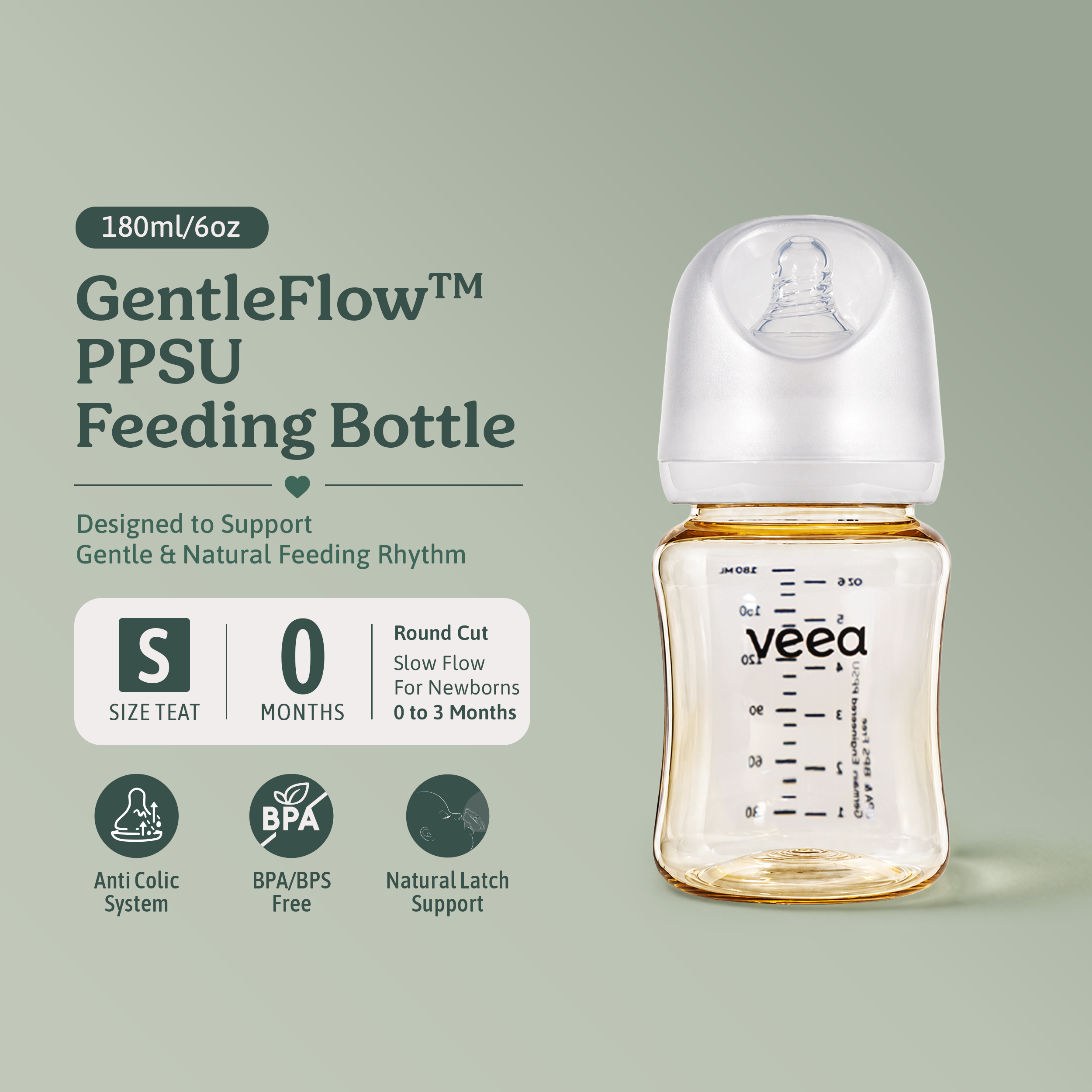 Veea GentleFlow™ 180ml/6oz Feeding Bottle PPSU (S Size Teats for 0 to 3 months)